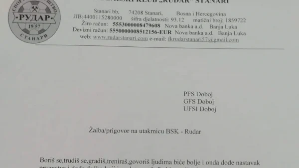 Rudar Stanari nezadovoljan suđenjem, PFL grupa Doboj - Brod